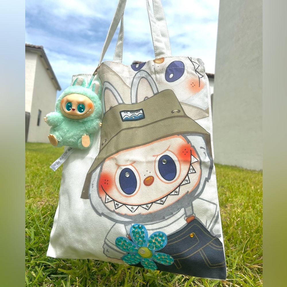 Cute Character Tote Bag with Plush Keychain